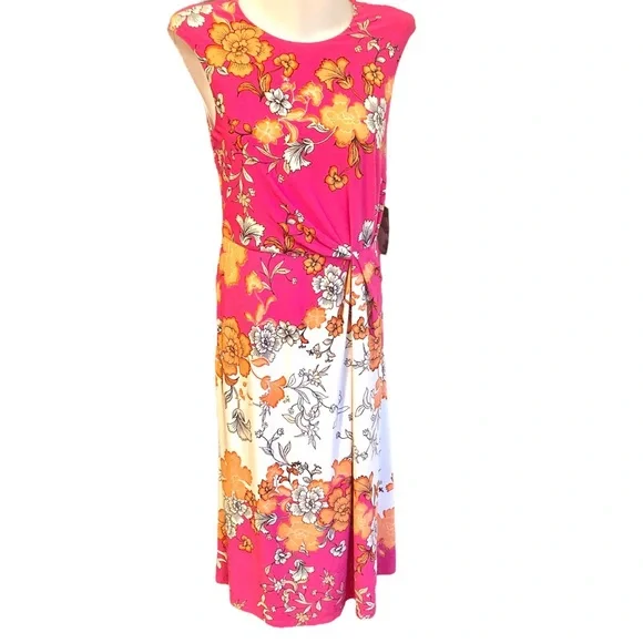 Vince Camuto dress floral mixed print sleeveless side knot twist front midi - Picture 2 of 16